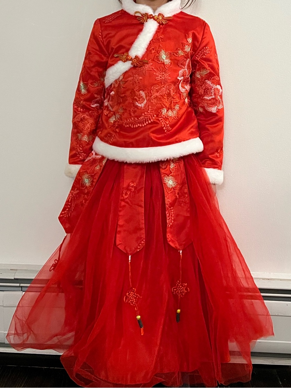 Traditional Red Kids Costume Dress with Fur Trim